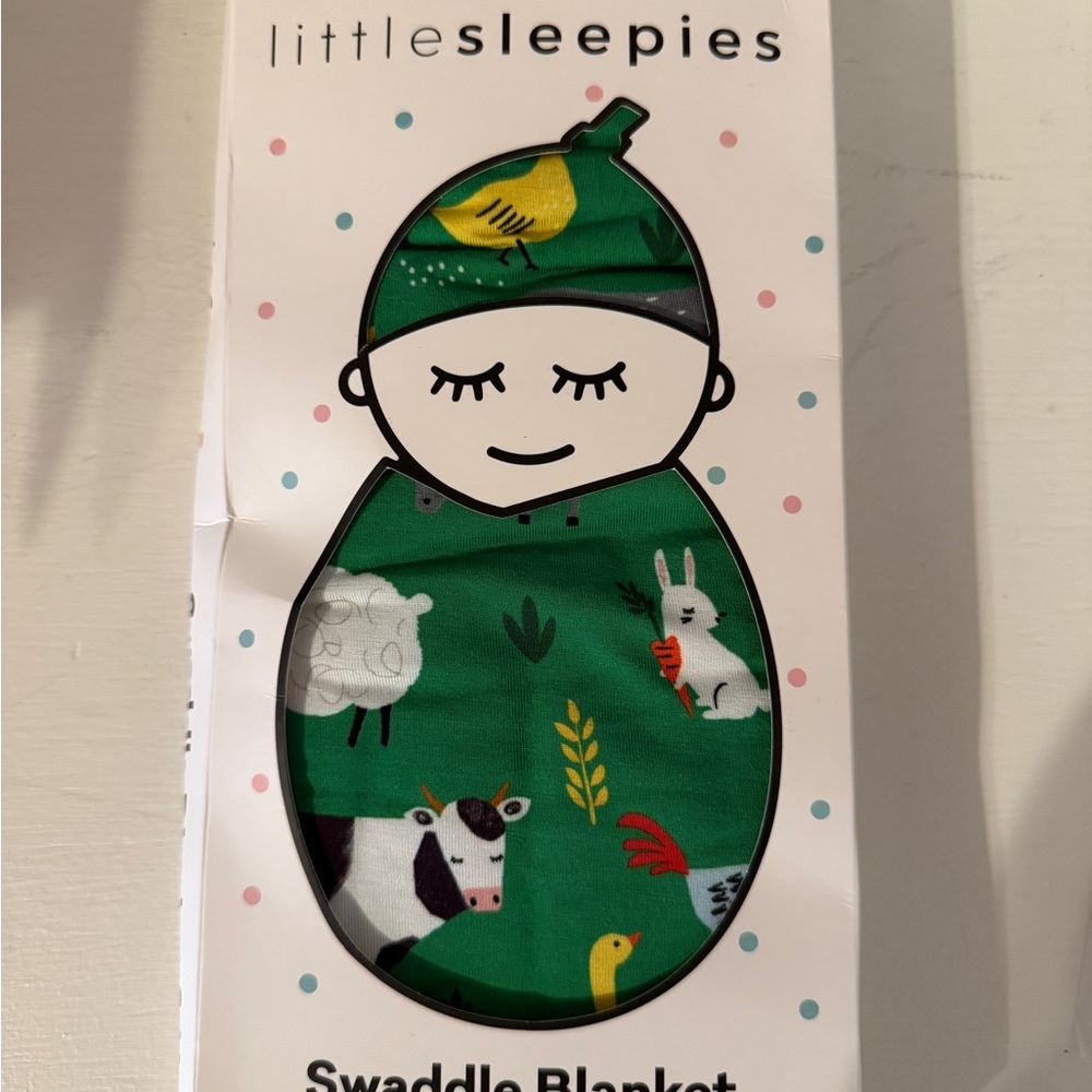 Little Sleepies- green farm animals swaddle and hat set